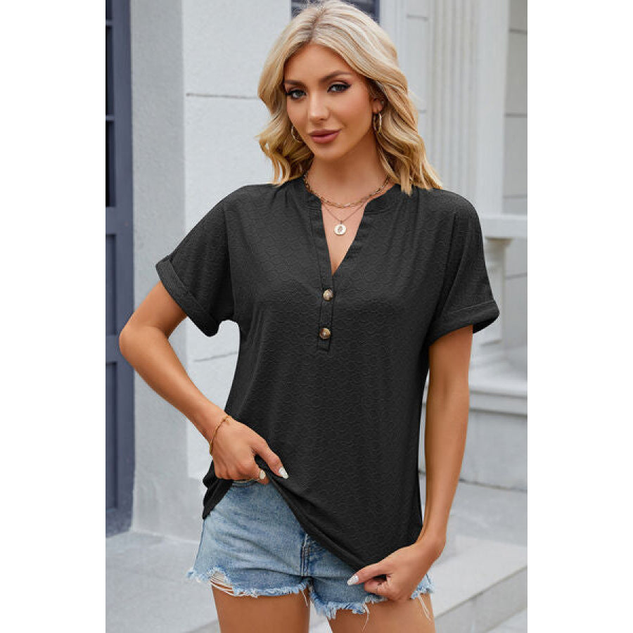 Eyelet Notched Short Sleeve T - Shirt Apparel and Accessories