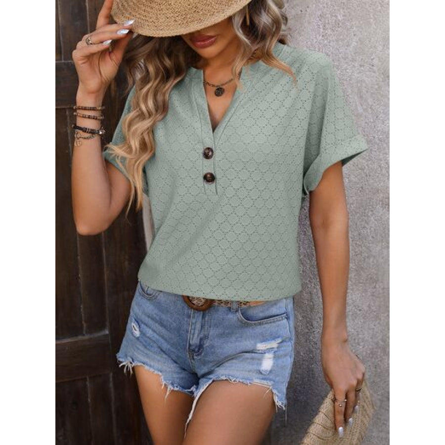 Eyelet Notched Short Sleeve T-Shirt Apparel and Accessories