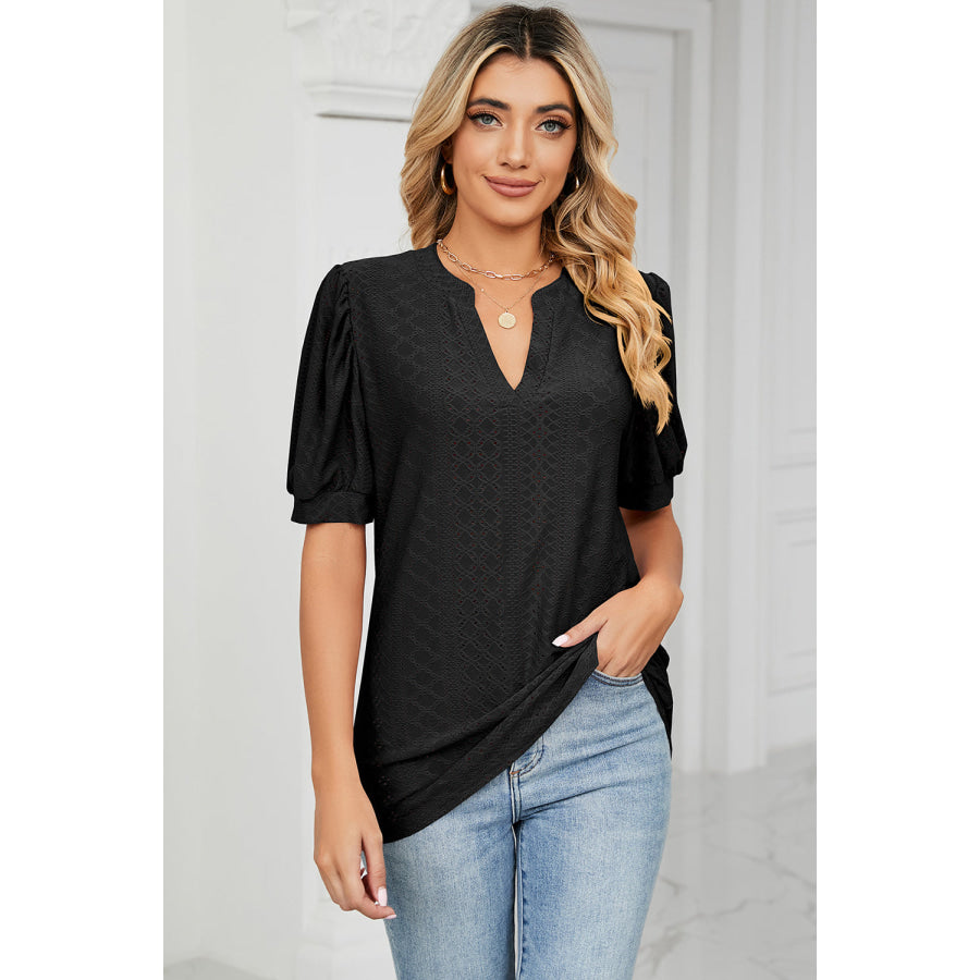 Eyelet Notched Short Sleeve T - Shirt Black / S Apparel and Accessories
