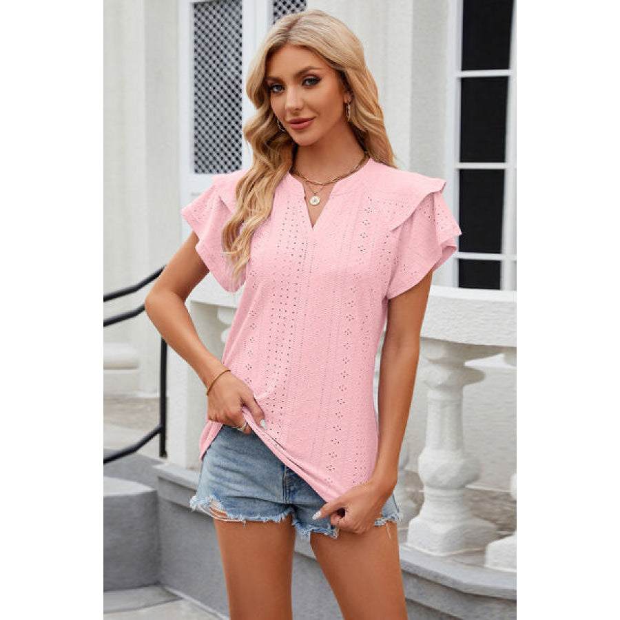 Eyelet Notched Short Sleeve T - Shirt Blush Pink / S Apparel and Accessories