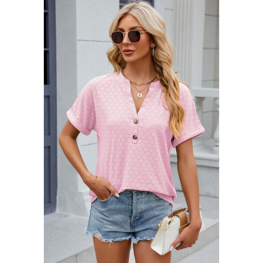 Eyelet Notched Short Sleeve T - Shirt Blush Pink / S Apparel and Accessories