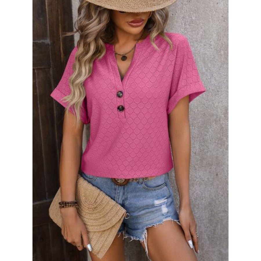 Eyelet Notched Short Sleeve T-Shirt Fuchsia Pink / S Apparel and Accessories