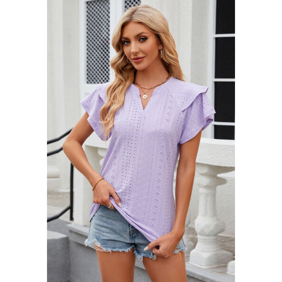 Eyelet Notched Short Sleeve T - Shirt Lavender / S Apparel and Accessories