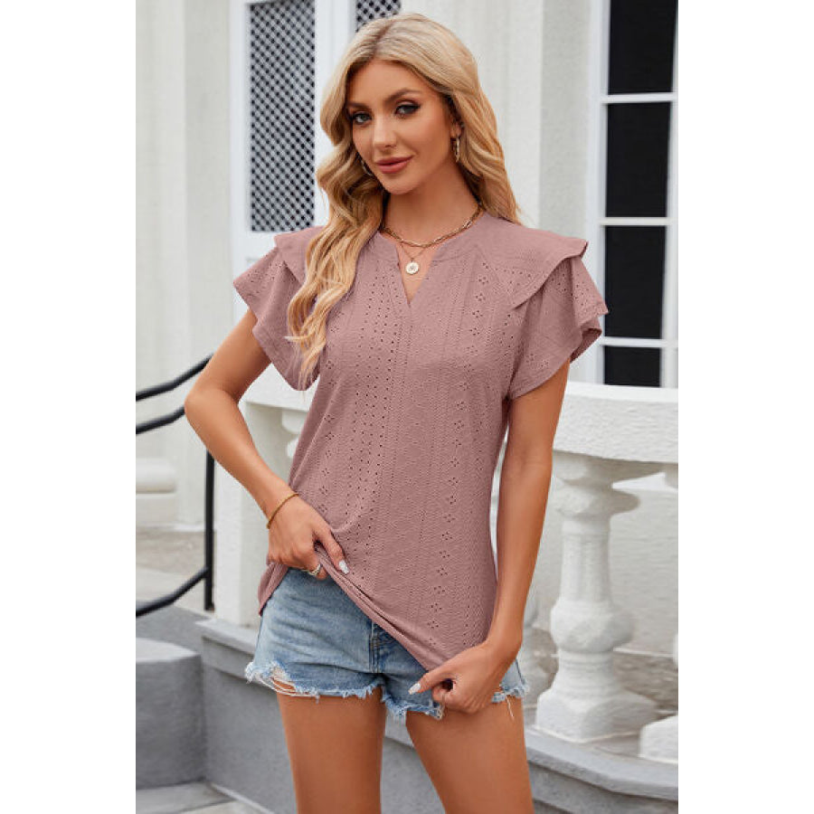 Eyelet Notched Short Sleeve T - Shirt Moonlit Mauve / S Apparel and Accessories