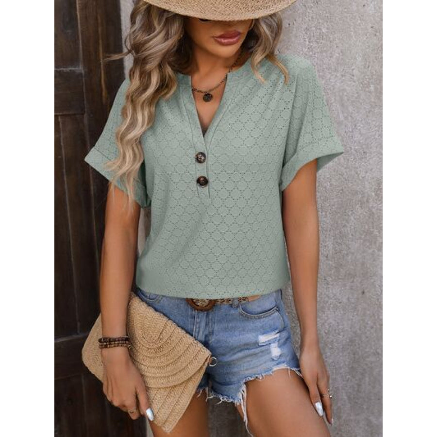 Eyelet Notched Short Sleeve T-Shirt Sage / S Apparel and Accessories