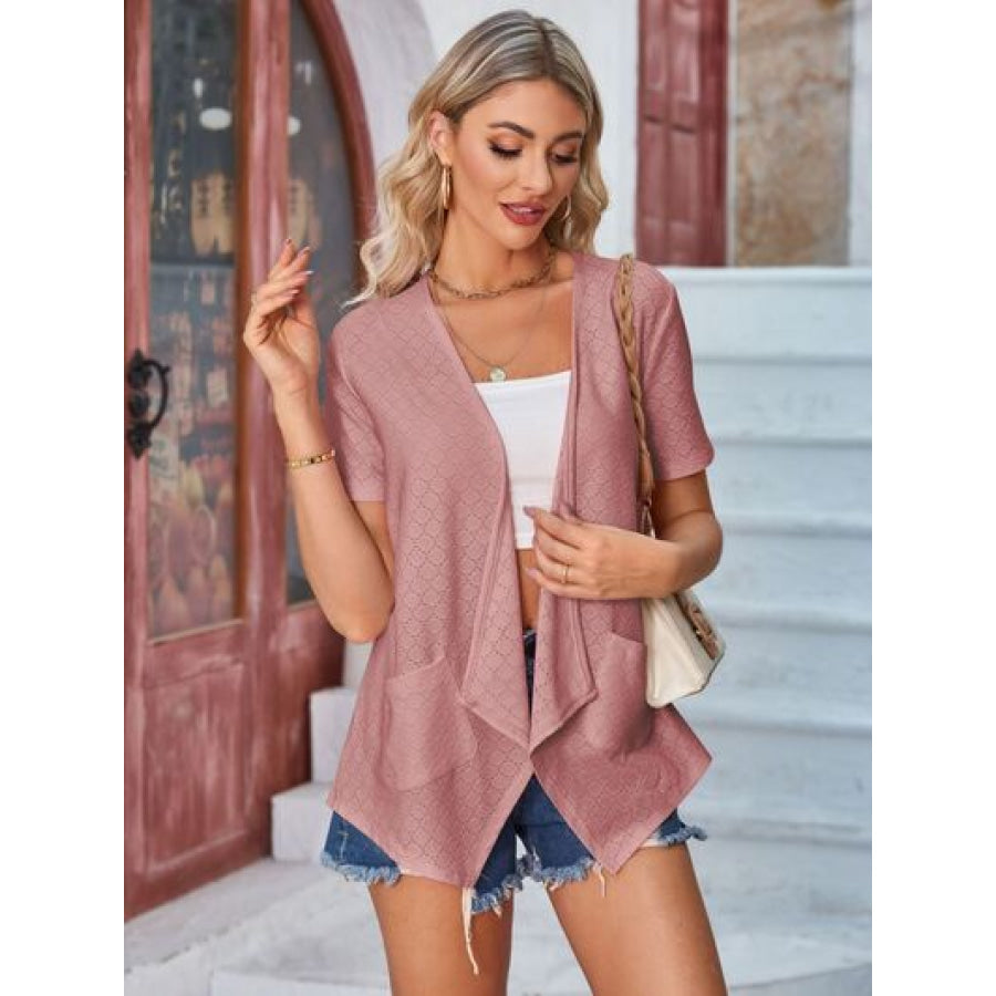 Eyelet Open Front Short Sleeve Cover Up Apparel and Accessories