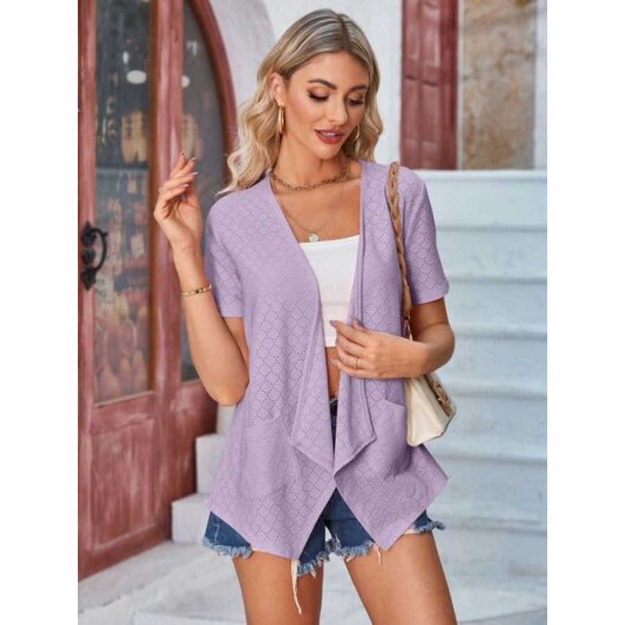 Eyelet Open Front Short Sleeve Cover Up Apparel and Accessories