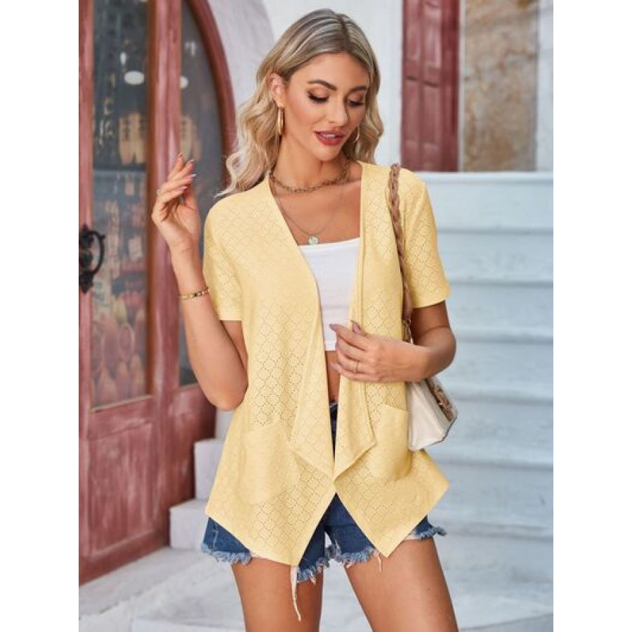 Eyelet Open Front Short Sleeve Cover Up Apparel and Accessories