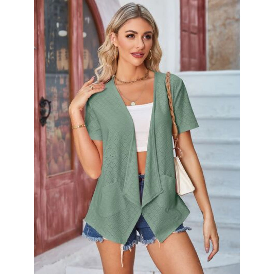 Eyelet Open Front Short Sleeve Cover Up Apparel and Accessories