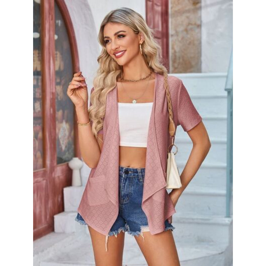 Eyelet Open Front Short Sleeve Cover Up Pale Blush / S Apparel and Accessories