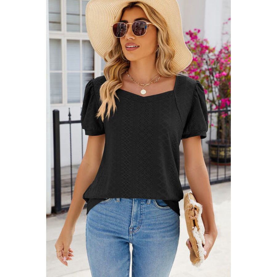 Eyelet Puff Sleeve T - Shirt Black / S Apparel and Accessories