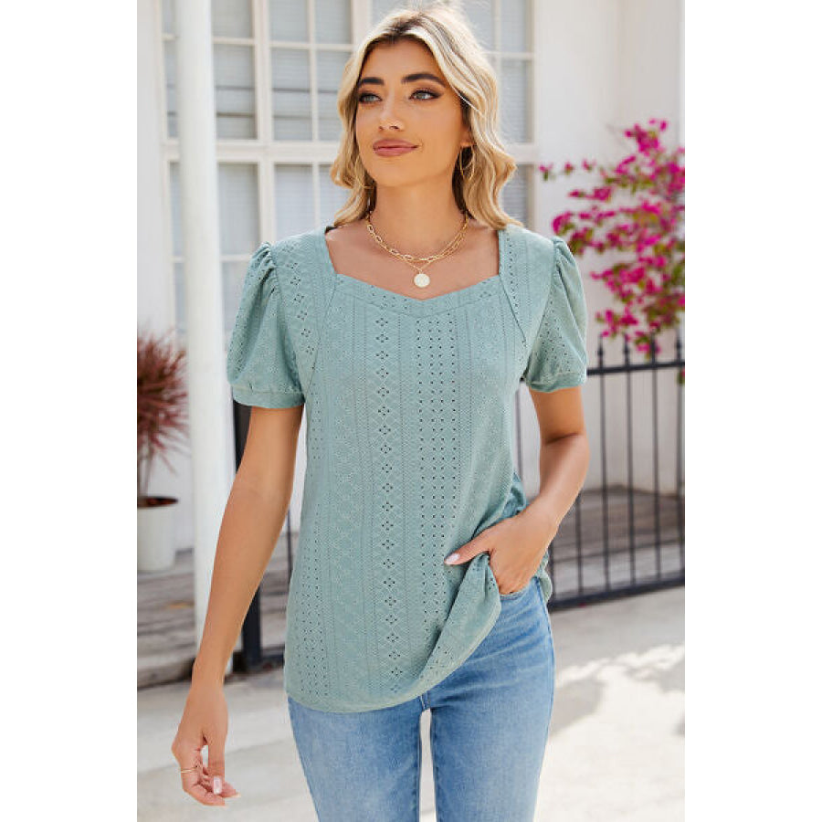 Eyelet Puff Sleeve T - Shirt Gum Leaf / S Apparel and Accessories