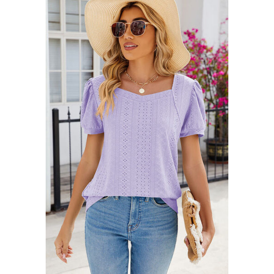 Eyelet Puff Sleeve T - Shirt Lavender / S Apparel and Accessories