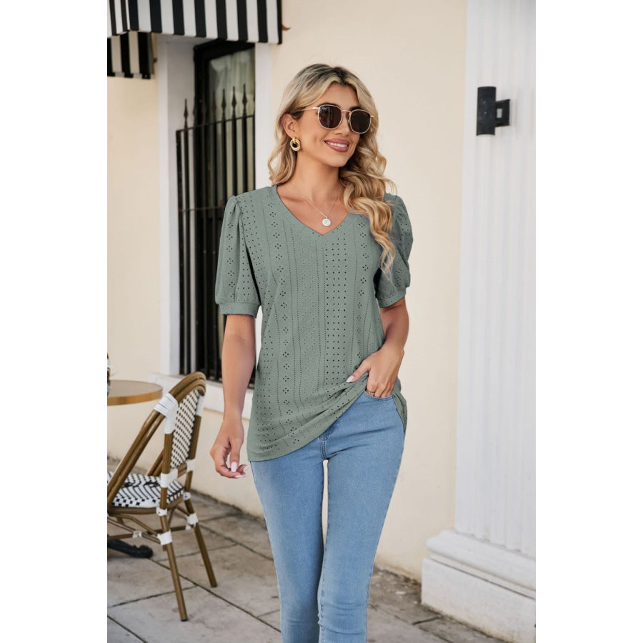 Eyelet Puff Sleeve V-Neck Top