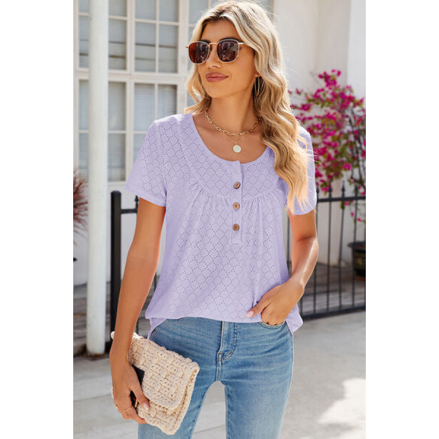 Eyelet Quarter Button Short Sleeve T - Shirt Apparel and Accessories