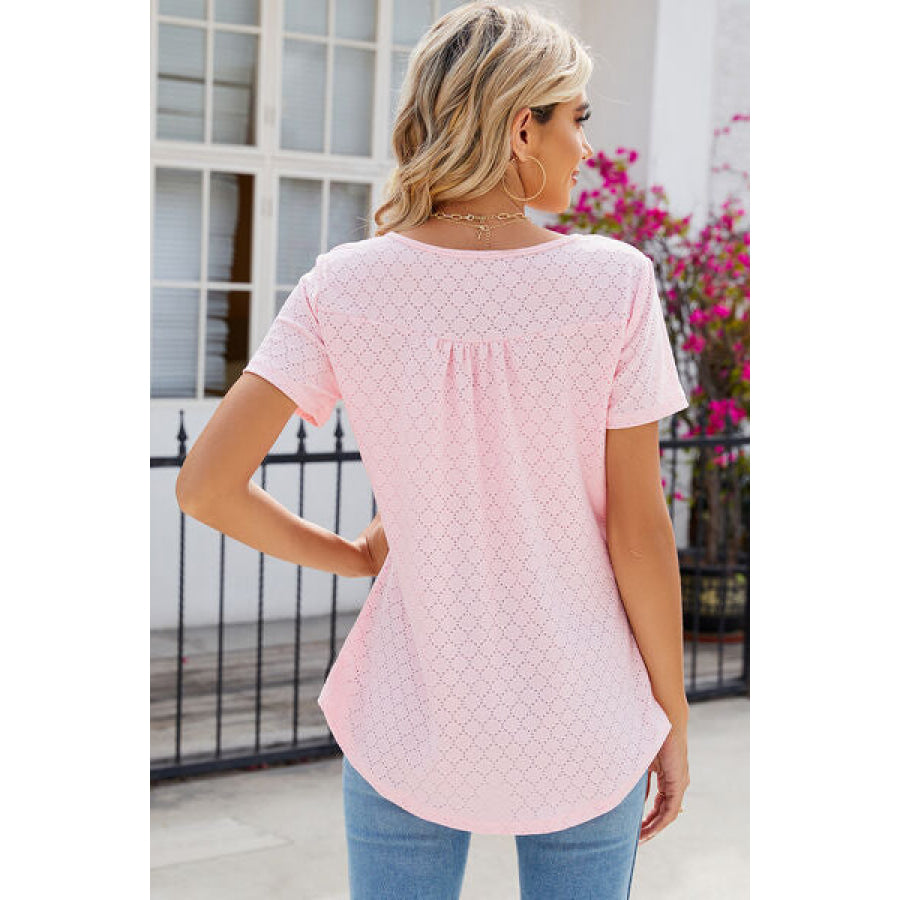 Eyelet Quarter Button Short Sleeve T - Shirt Apparel and Accessories