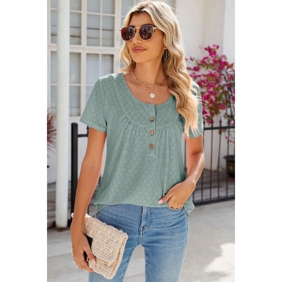 Eyelet Quarter Button Short Sleeve T - Shirt Apparel and Accessories