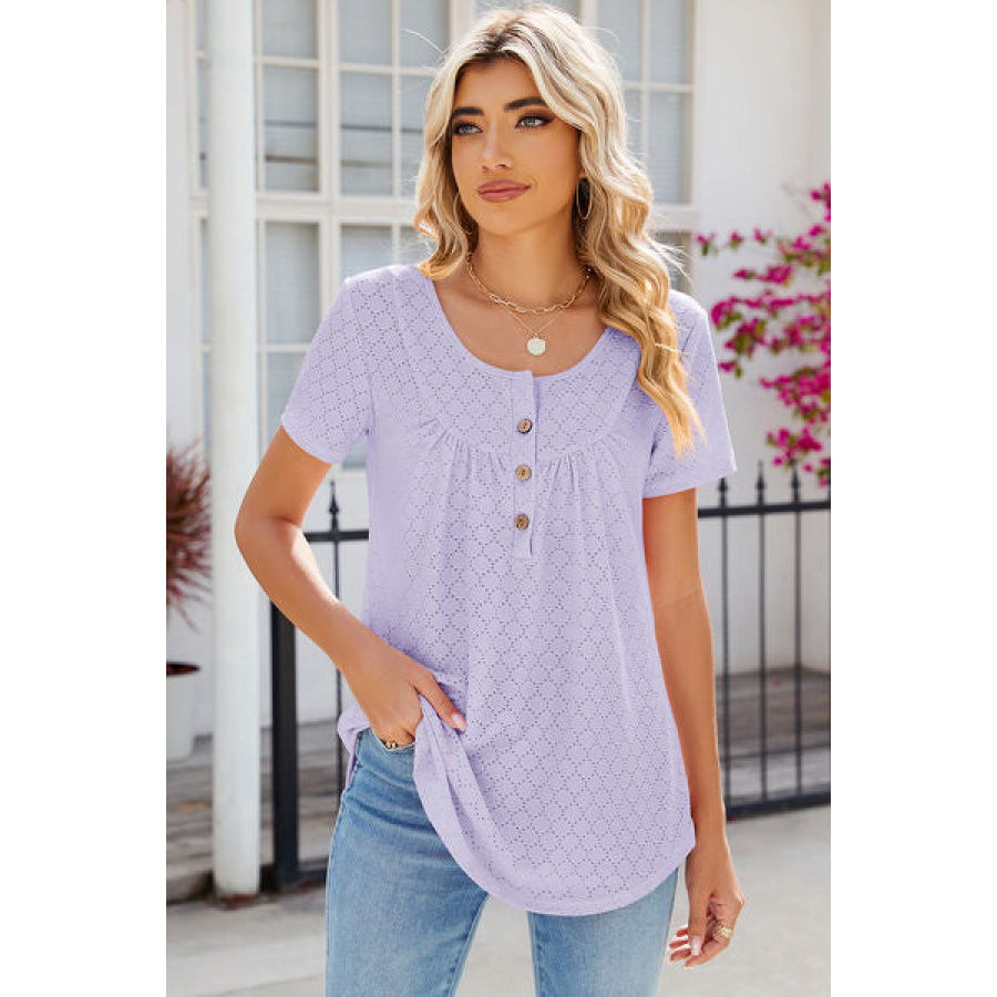 Eyelet Quarter Button Short Sleeve T - Shirt Apparel and Accessories