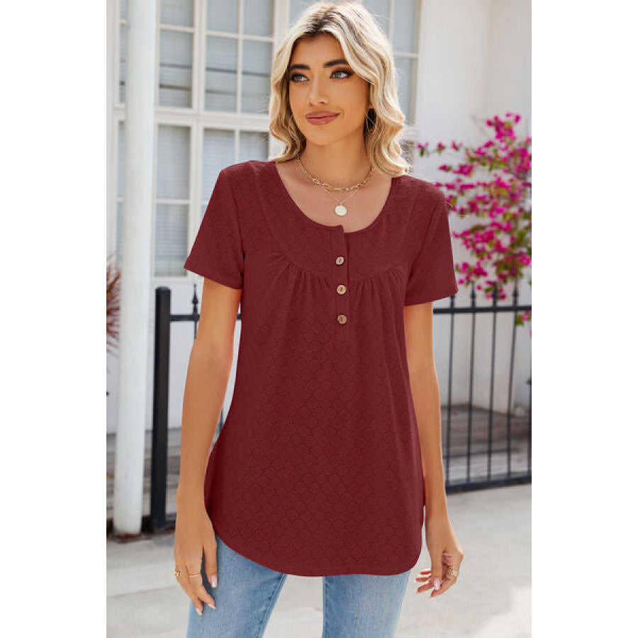 Eyelet Quarter Button Short Sleeve T - Shirt Brick Red / S Apparel and Accessories