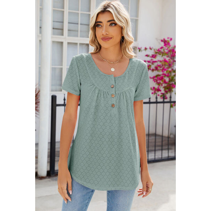 Eyelet Quarter Button Short Sleeve T - Shirt Sage / S Apparel and Accessories