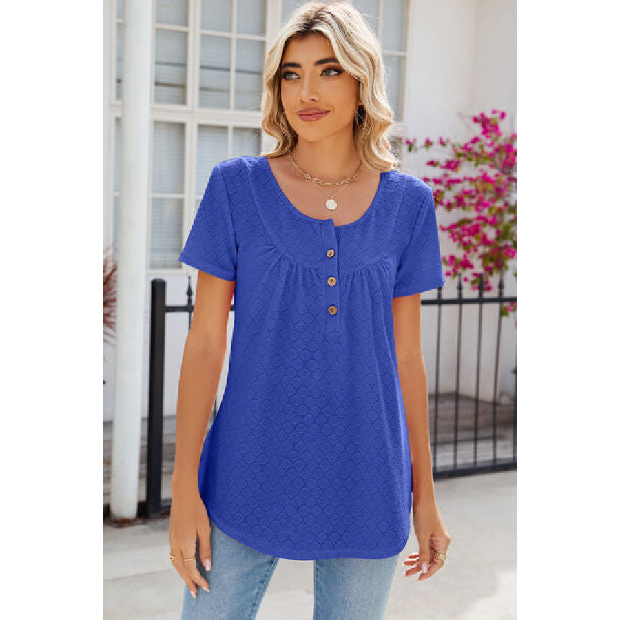 Eyelet Quarter Button Short Sleeve T - Shirt Ultra marine / S Apparel and Accessories
