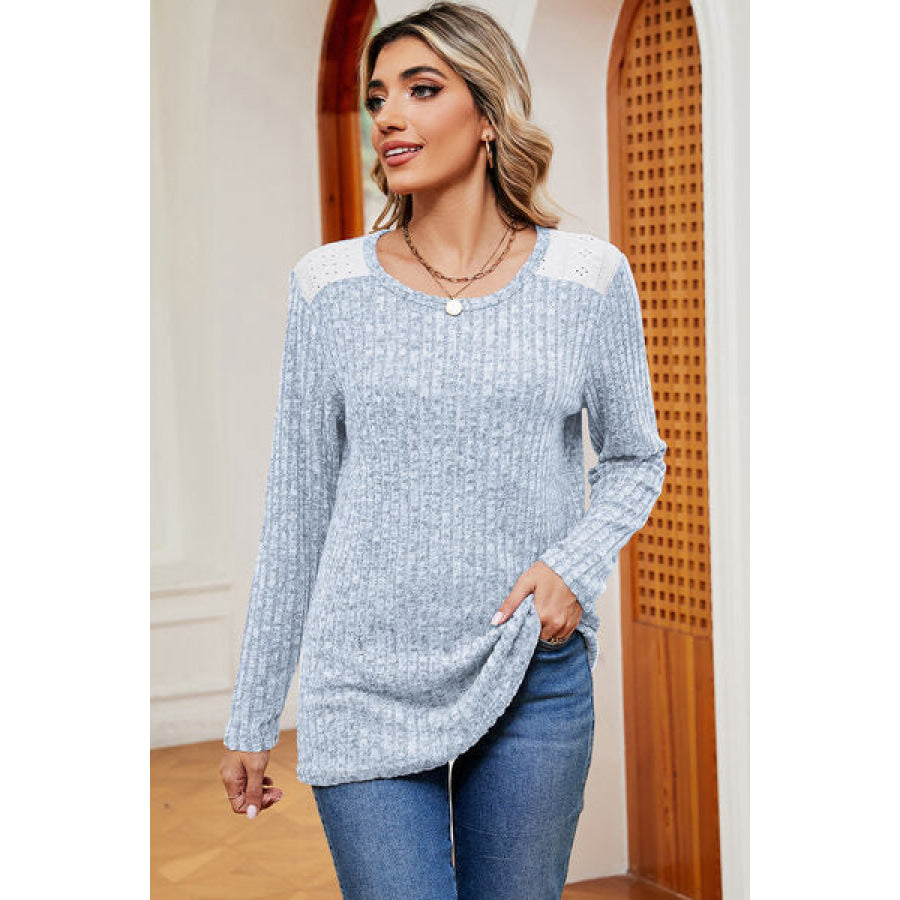 Eyelet Ribbed Round Neck Long Sleeve T - Shirt Apparel and Accessories