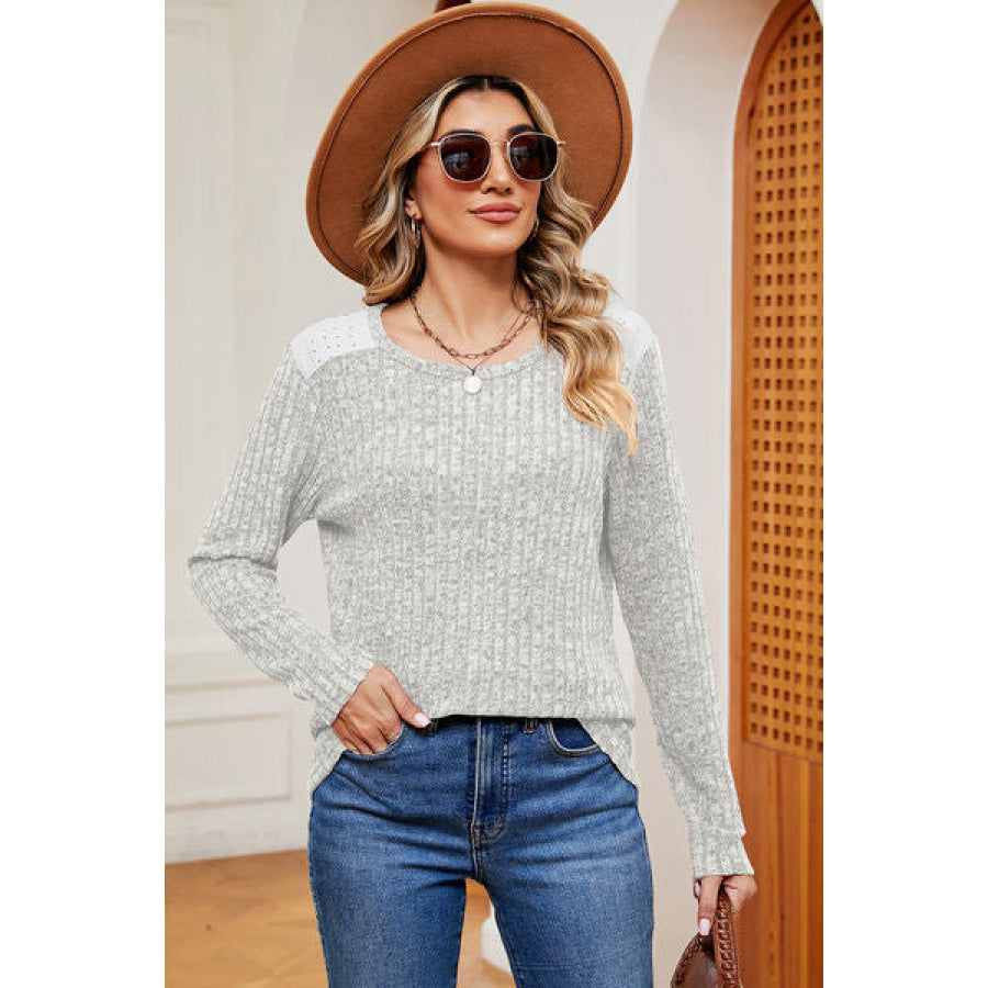 Eyelet Ribbed Round Neck Long Sleeve T - Shirt Apparel and Accessories