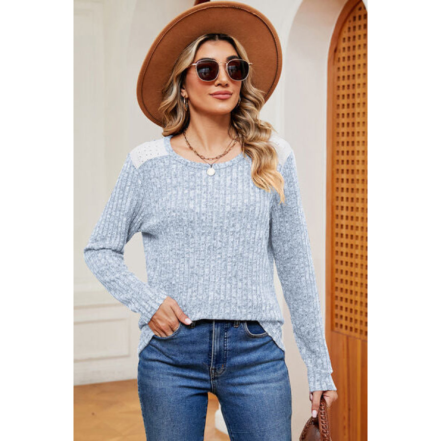 Eyelet Ribbed Round Neck Long Sleeve T - Shirt Apparel and Accessories