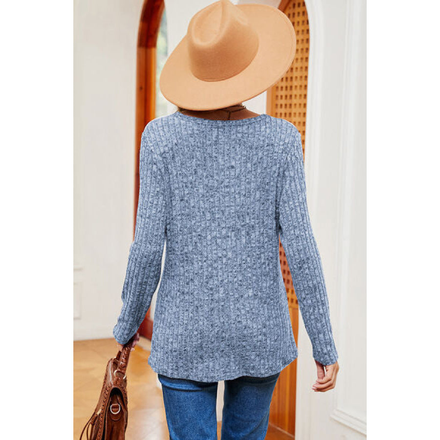 Eyelet Ribbed Round Neck Long Sleeve T - Shirt Apparel and Accessories