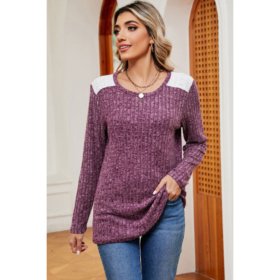 Eyelet Ribbed Round Neck Long Sleeve T - Shirt Apparel and Accessories