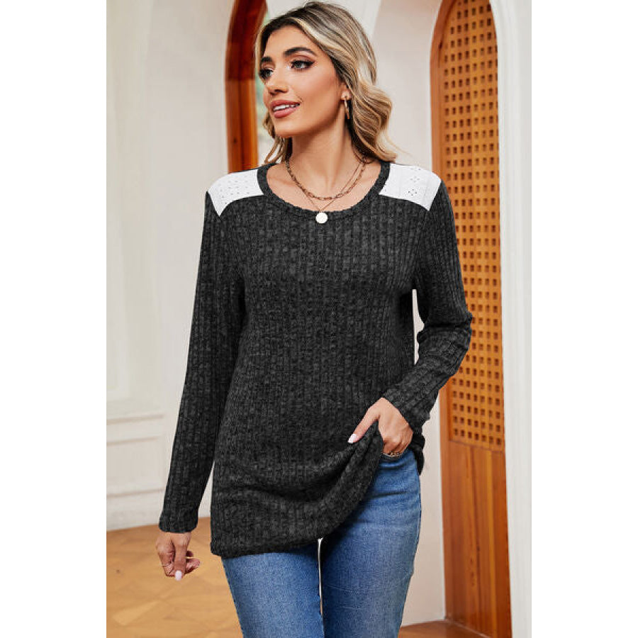 Eyelet Ribbed Round Neck Long Sleeve T - Shirt Apparel and Accessories