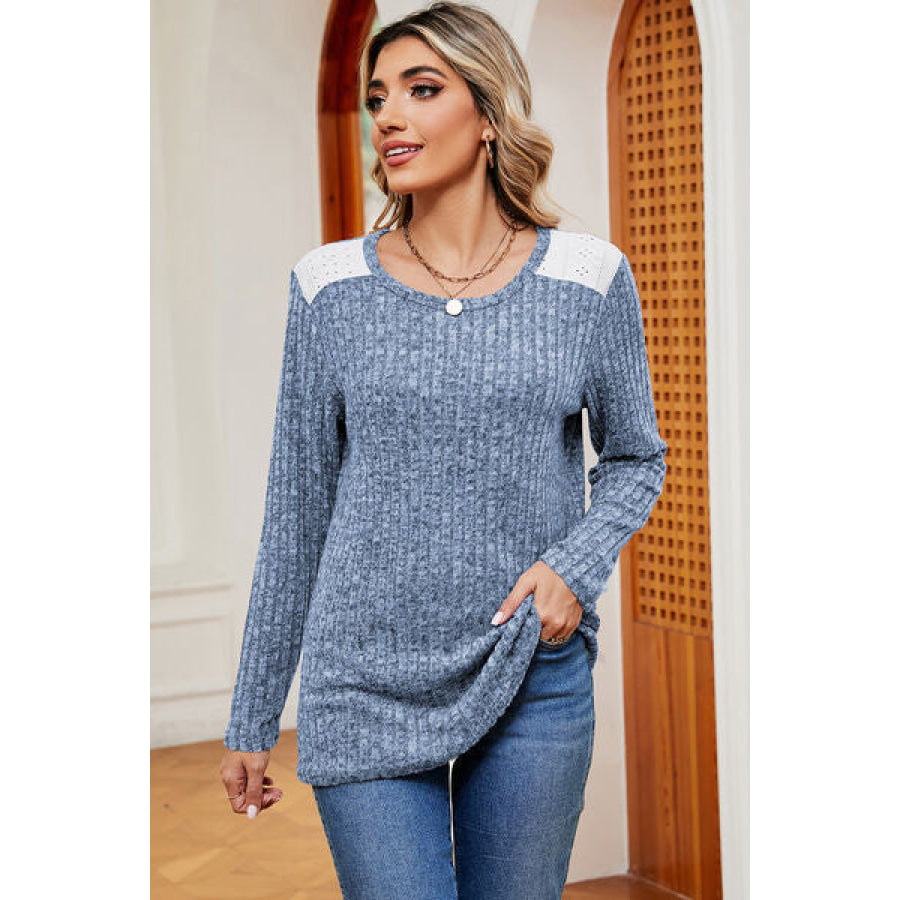 Eyelet Ribbed Round Neck Long Sleeve T - Shirt Dusty Blue / S Apparel and Accessories