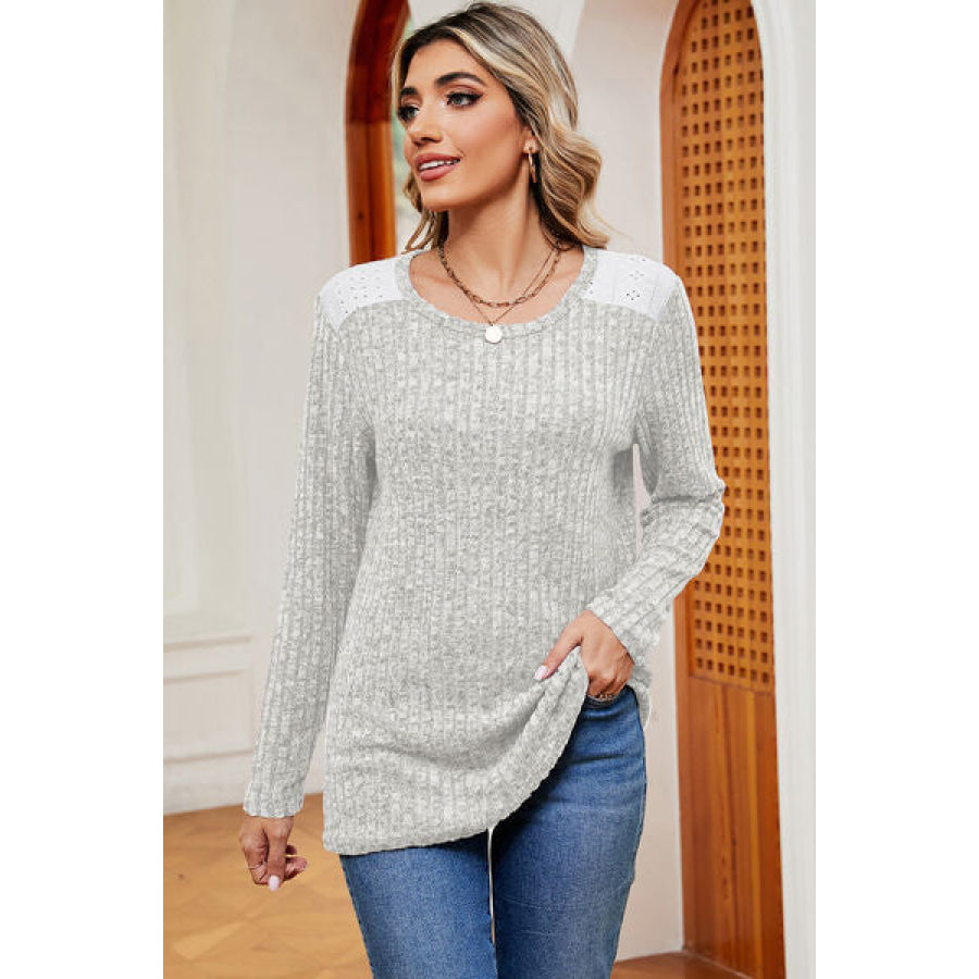 Eyelet Ribbed Round Neck Long Sleeve T - Shirt Light Gray / S Apparel and Accessories