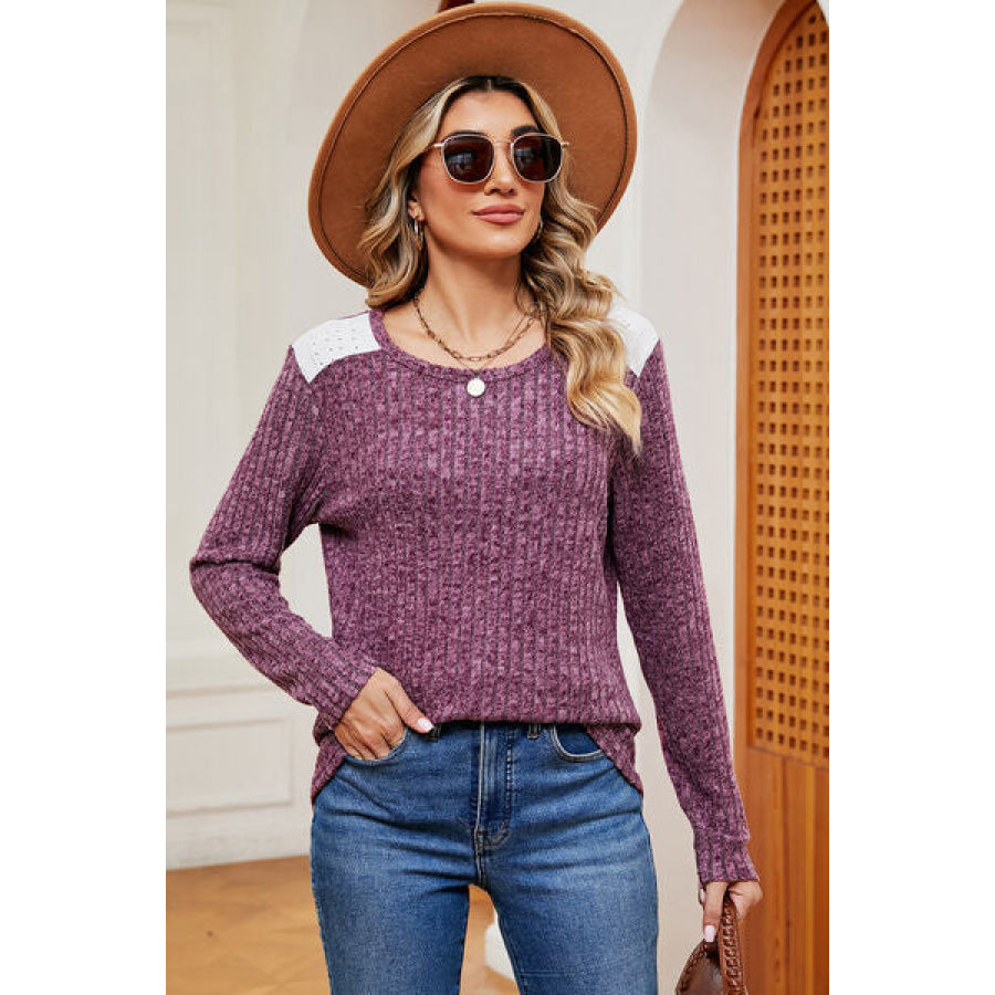 Eyelet Ribbed Round Neck Long Sleeve T - Shirt Lilac / S Apparel and Accessories
