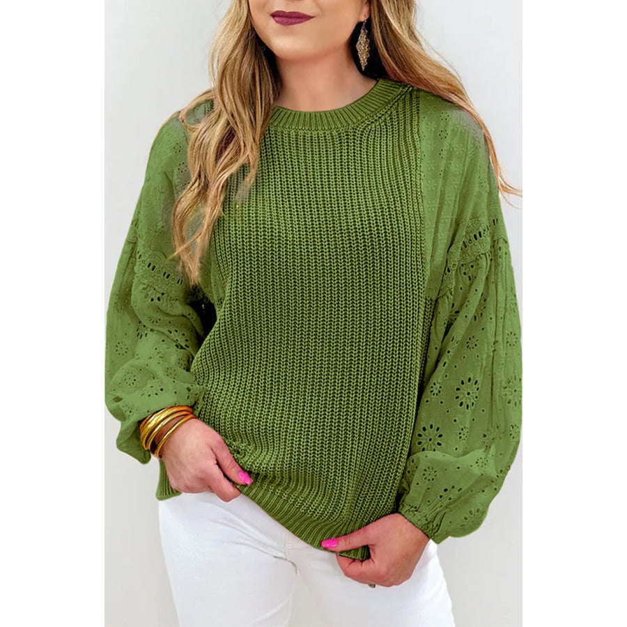 Eyelet Round Neck Drop Shoulder Sweater Apparel and Accessories