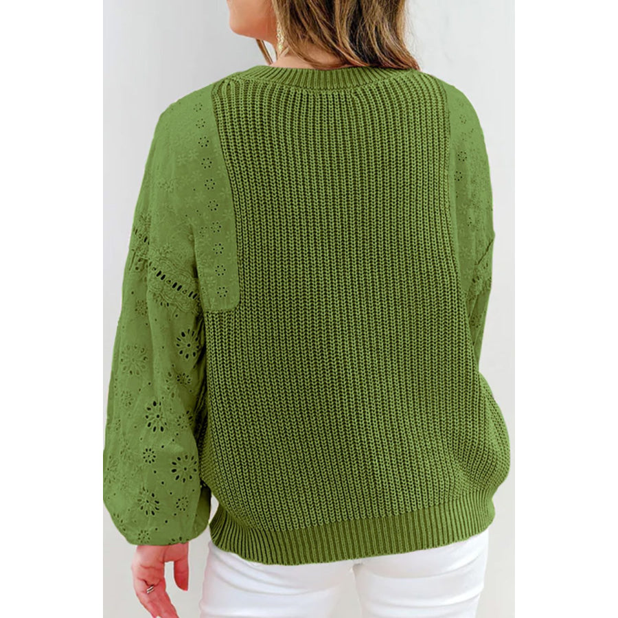 Eyelet Round Neck Drop Shoulder Sweater Apparel and Accessories