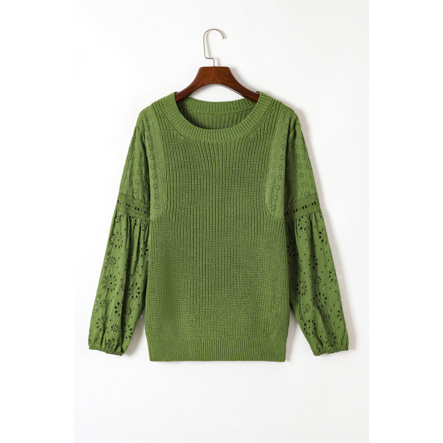 Eyelet Round Neck Drop Shoulder Sweater Apparel and Accessories
