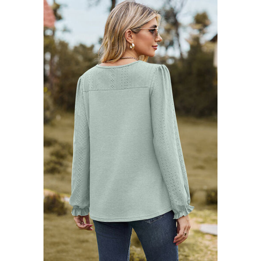 Eyelet Round Neck Flounce Sleeve T - Shirt Apparel and Accessories