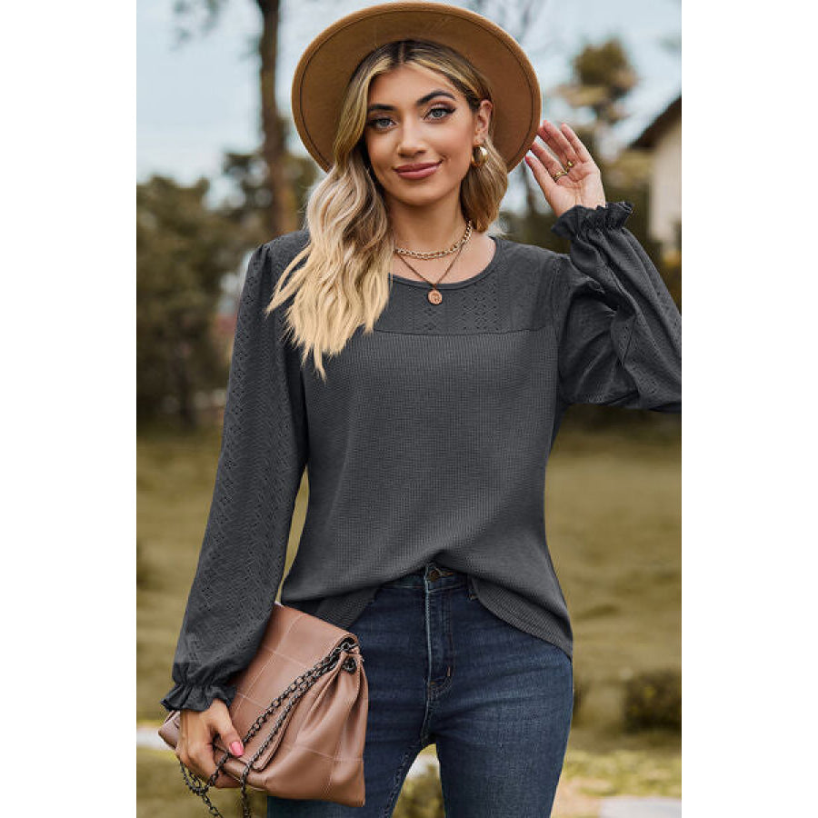Eyelet Round Neck Flounce Sleeve T - Shirt Apparel and Accessories