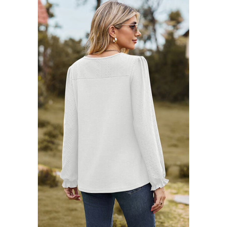 Eyelet Round Neck Flounce Sleeve T - Shirt Apparel and Accessories