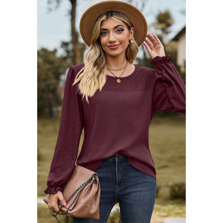 Eyelet Round Neck Flounce Sleeve T - Shirt Apparel and Accessories