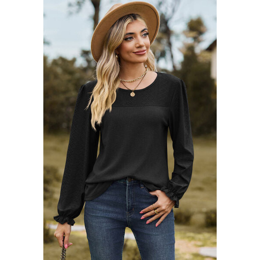 Eyelet Round Neck Flounce Sleeve T - Shirt Black / S Apparel and Accessories