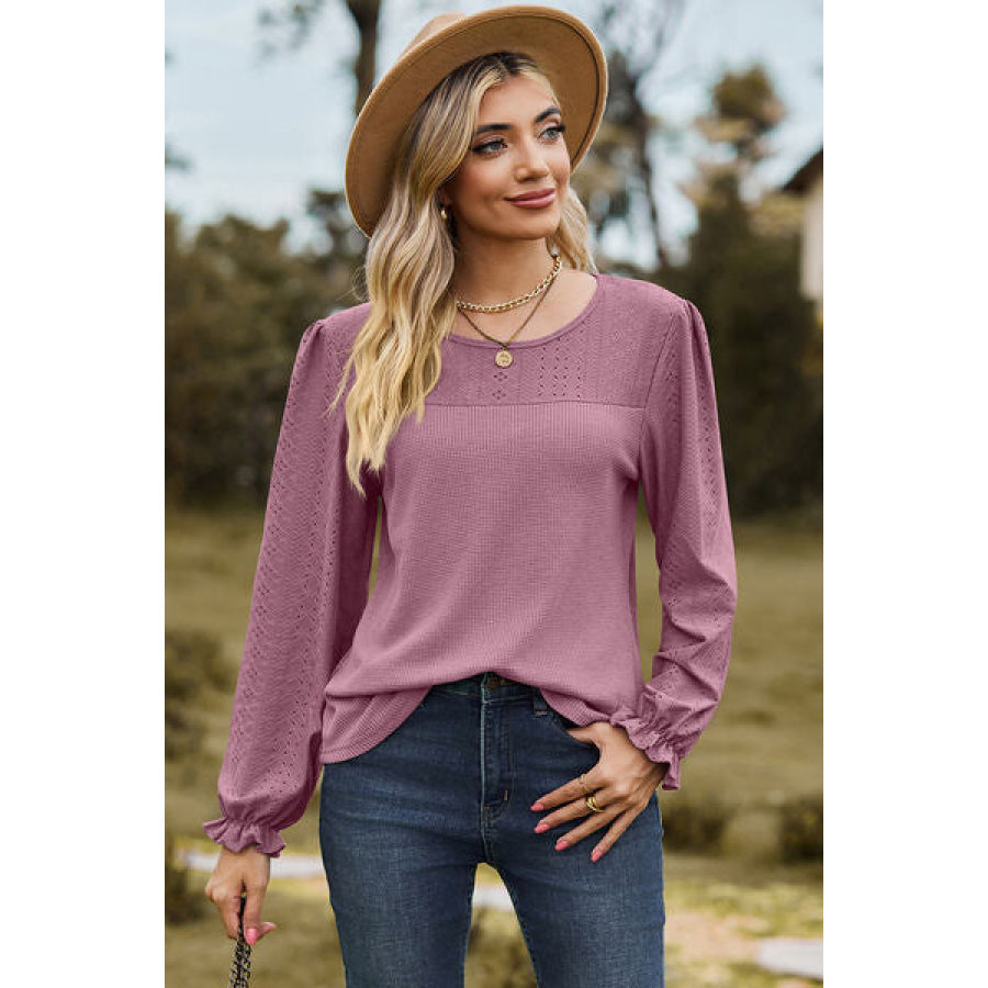 Eyelet Round Neck Flounce Sleeve T - Shirt Dusty Purple / S Apparel and Accessories