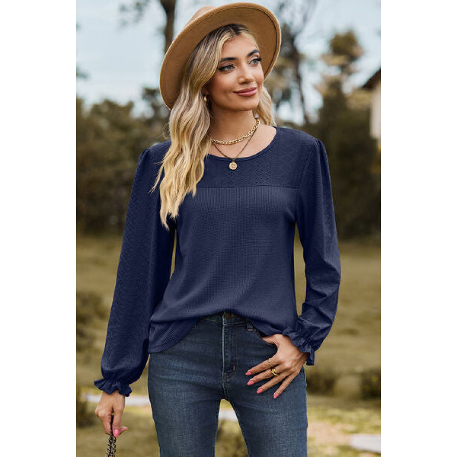 Eyelet Round Neck Flounce Sleeve T - Shirt Navy / S Apparel and Accessories