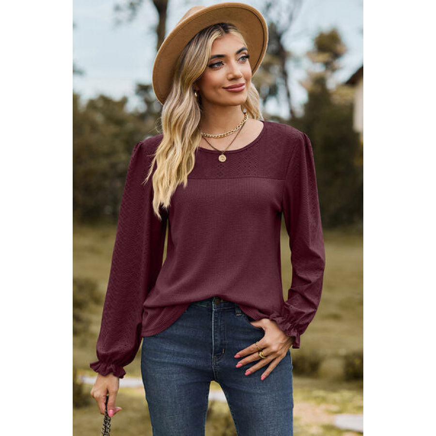 Eyelet Round Neck Flounce Sleeve T - Shirt Wine / S Apparel and Accessories