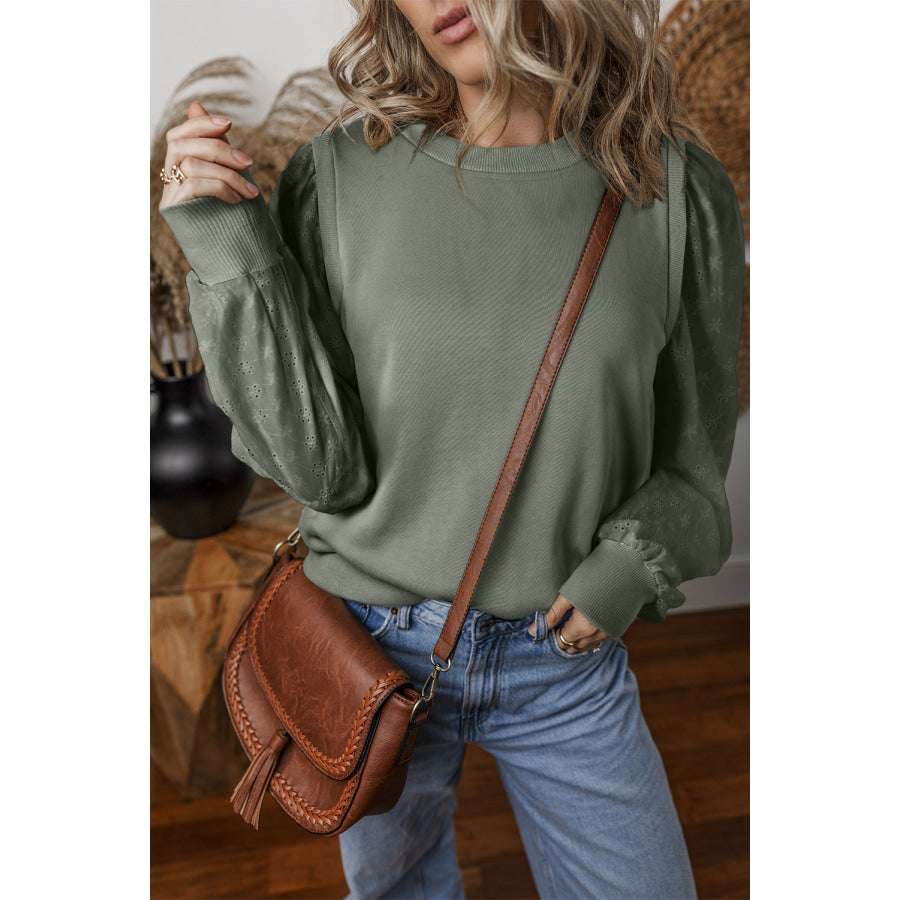 Eyelet Round Neck Long Sleeve Sweatshirt Gray / S Apparel and Accessories
