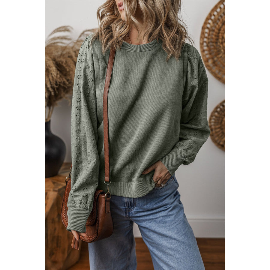 Eyelet Round Neck Long Sleeve Sweatshirt Gray / S Apparel and Accessories