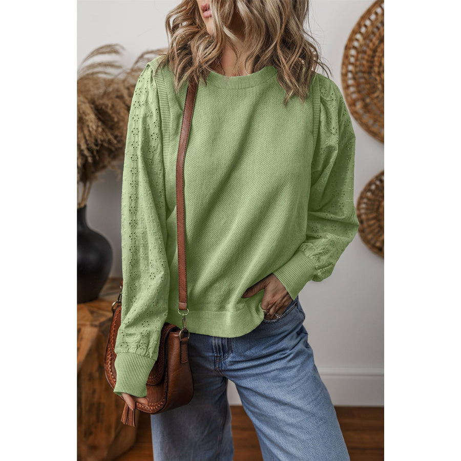 Eyelet Round Neck Long Sleeve Sweatshirt Sage / M Apparel and Accessories
