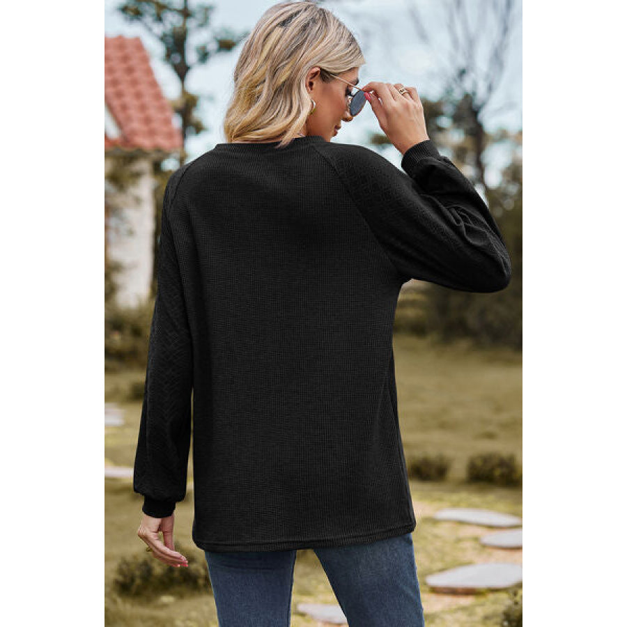 Eyelet Round Neck Long Sleeve T - Shirt Apparel and Accessories