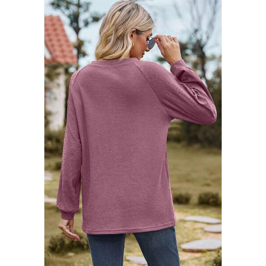 Eyelet Round Neck Long Sleeve T - Shirt Apparel and Accessories